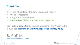 25
Thank You!
www.securityinnovation.com
Everyone who attended today’s session will receive:
• Webinar recording
• Copy of the presentation
• Free 14-Day Trial of our Data Privacy Courses
Join us February 12th for the next webinar in this Privacy in the
SDL series: Creating an Effective Application Privacy Policy
 