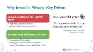 7
Why Invest in Privacy: Key Drivers
Minimizes potential for legal/PR
issues
• High stakes, lowers overall risk
• COPPA, GLBA, HIPAA, CFAA, EU, FTC
Increases User Satisfaction and Trust
• Competitive differentiator
• Loyalty goes up with choice and control
• Powerful emotional factor, “Right Thing” to do
“Privacy concerns do have an
influence on user behavior.”
Pew Research Center’s Internet &
American Life Project
 