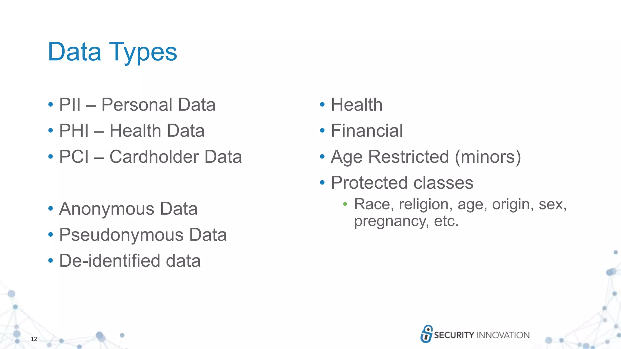 12
Data Types
• PII – Personal Data
• PHI – Health Data
• PCI – Cardholder Data
• Anonymous Data
• Pseudonymous Data
• De-identified data
• Health
• Financial
• Age Restricted (minors)
• Protected classes
• Race, religion, age, origin, sex,
pregnancy, etc.
 