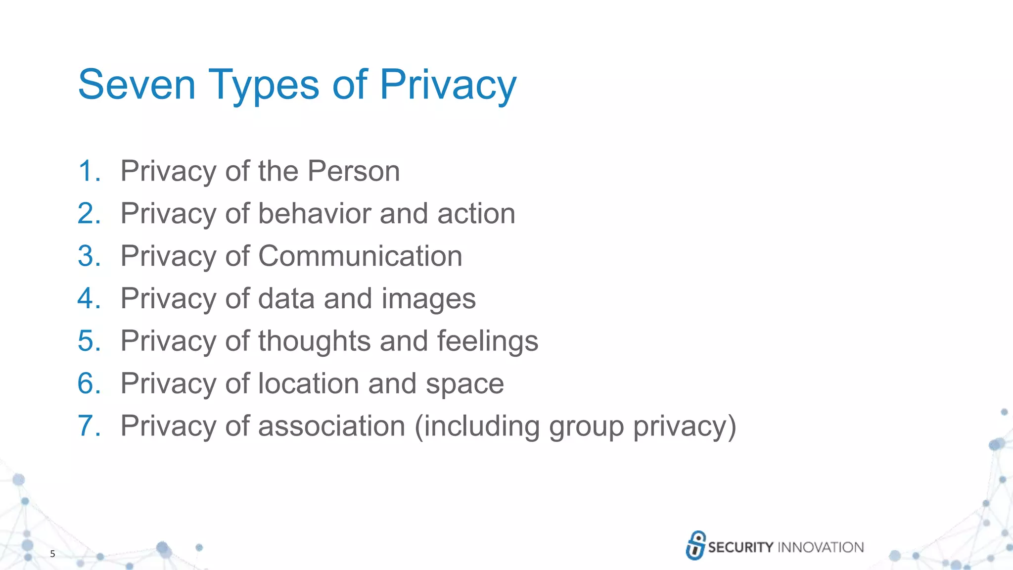 5
Seven Types of Privacy
1. Privacy of the Person
2. Privacy of behavior and action
3. Privacy of Communication
4. Privacy of data and images
5. Privacy of thoughts and feelings
6. Privacy of location and space
7. Privacy of association (including group privacy)
 