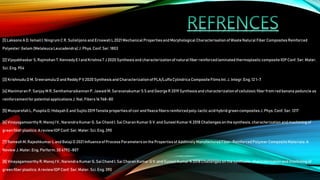 [1] Laksono A D, Ismail I, Ningrum C R, Sulistijono and Ernawati L 2021 Mechanical Properties and Morphological Characterisationof Waste Natural Fiber Composites Reinforced
Polyester: Gelam (Melaleuca Leucadendra) J. Phys. Conf. Ser. 1803
[2] Vijayabhaskar S, Rajmohan T, Kennedy E I and Krishna T J 2020 Synthesis and characterization of natural fiber reinforcedlaminated thermoplasticcomposite IOP Conf. Ser. Mater.
Sci. Eng. 954
[3] Krishnudu D M, SreeramuluD and Reddy P V 2020 Synthesis and Characterizationof PLA/LuffaCylindrica CompositeFilms Int. J. Integr.Eng. 12 1–7
[4] Manimaran P, Sanjay M R, Senthamaraikannan P, Jawaid M, Saravanakumar S S and George R 2019 Synthesisand characterizationof cellulosic fiber from red banana peduncle as
reinforcementfor potentialapplications J. Nat. Fibers 16 768–80
[5] Musyarofah L, Puspita D, Hidayah E and Sujito2019 Tensile propertiesof coir and fleecefibers reinforcedpoly-lactic acid hybrid green composites J. Phys. Conf. Ser. 1217
[6] Vinayagamoorthy R, Manoj I V., Narendra Kumar G, Sai Chand I, Sai Charan Kumar G V. and SuneelKumar K 2018 Challenges on the synthesis, characterization and machining of
green fiber plastics: A reviewIOP Conf. Ser. Mater. Sci. Eng. 390
[7] Ramesh M, Rajeshkumar L and Balaji D 2021 Influenceof Process Parameterson the Properties of AdditivelyManufactured Fiber-ReinforcedPolymer CompositeMaterials: A
Review J. Mater. Eng. Perform.30 4792–807
[8] Vinayagamoorthy R, Manoj I V., Narendra Kumar G, Sai Chand I, Sai Charan Kumar G V. and SuneelKumar K 2018 Challenges on the synthesis, characterizationand machining of
green fiber plastics: A reviewIOP Conf. Ser. Mater. Sci. Eng. 390
 