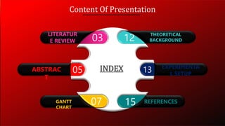 03
05
15
07
13
12
INDEX
LITERATUR
E REVIEW
THEORETICAL
BACKGROUND
EXPERIMENTA
L SETUP
REFERENCES
GANTT
CHART
ABSTRAC
T
Content Of Presentation
 