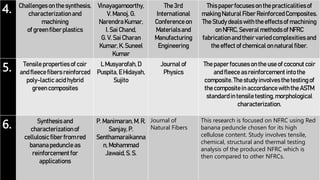 4. Challenges on the synthesis,
characterizationand
machining
of greenfiberplastics
Vinayagamoorthy,
V. Manoj,G.
NarendraKumar,
I. Sai Chand,
G. V. Sai Charan
Kumar, K.Suneel
Kumar
The 3rd
International
Conference on
Materialsand
Manufacturing
Engineering
Thispaperfocuses on the practicalitiesof
makingNaturalFiberReinforcedComposites.
The Study dealswiththe effects of machining
on NFRC, Several methodsof NFRC
fabricationandtheir variedcomplexities and
the effect of chemical on naturalfiber.
5. Tensile propertiesof coir
andfleece fibers reinforced
poly-lactic acidhybrid
greencomposites
L Musyarofah,D
Puspita, E Hidayah,
Sujito
Journal of
Physics
The paperfocuses on the use of coconut coir
andfleece asreinforcement intothe
composite. The study involves the testingof
the composite in accordancewiththe ASTM
standardin tensile testing,morphological
characterization.
6. Synthesis and
characterizationof
cellulosic fiberfrom red
bananapeduncle as
reinforcementfor
applications
P. Manimaran,M. R.
Sanjay, P.
Senthamaraikanna
n, Mohammad
Jawaid,S. S.
Journal of
Natural Fibers
This research is focused on NFRC using Red
banana peduncle chosen for its high
cellulose content. Study involves tensile,
chemical, structural and thermal testing
analysis of the produced NFRC which is
then compared to other NFRCs.
 