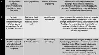 7. Challanges on the
synthesis,
charachrerizationand
machiningof green
fibre plastic
R. Vinayagamoorthy material scienceand
engineering
Thispaper givesknowledge about different
challengesduring synthesis, fabrication,
characterizationof naturalfiberreinforced plastic
composite. Shows that utmost care should be taken
into considerationwhile synthesizing.
8. Synthesis,
characterizationand
finiteelement analysis
of polypropylene
composite reinforced
by jute and carbon fibre
Sunilkumar tiwari,
umamaheshwara
rao akula , naresh
reddy
Materialstoday:
proceedings
paper focusses on Carbon + jute reinforced composite
Hybrid composite are not so heavy , have a good
strength , don’t catch fire easilyand can absorb sound.
To add good strength and surface finishjute fibre is
arranged in bi-directionalmethod. To increase
flexiblestrength and tensilestrength stacking
sequenceis p[erformed.
9. Recentadvancement in
the fabrication and
characterizationof
natural fibre reinforced
composite
P.P bijilwan,
L.Prasad , A.Sharma
Materialstoday:
proceedings
Paper focusseson maintainingthe ecological balance
by not usingsynthetic fibre and creatingnatural fibre
based composite .Diffrentfigres are studiedand
treated to increase itsmechanicalproperty
.Production of fibre reinforced composite contains
matrix phase , discontinous phase and
interface.Diffrentmethods consist of hand layup
 