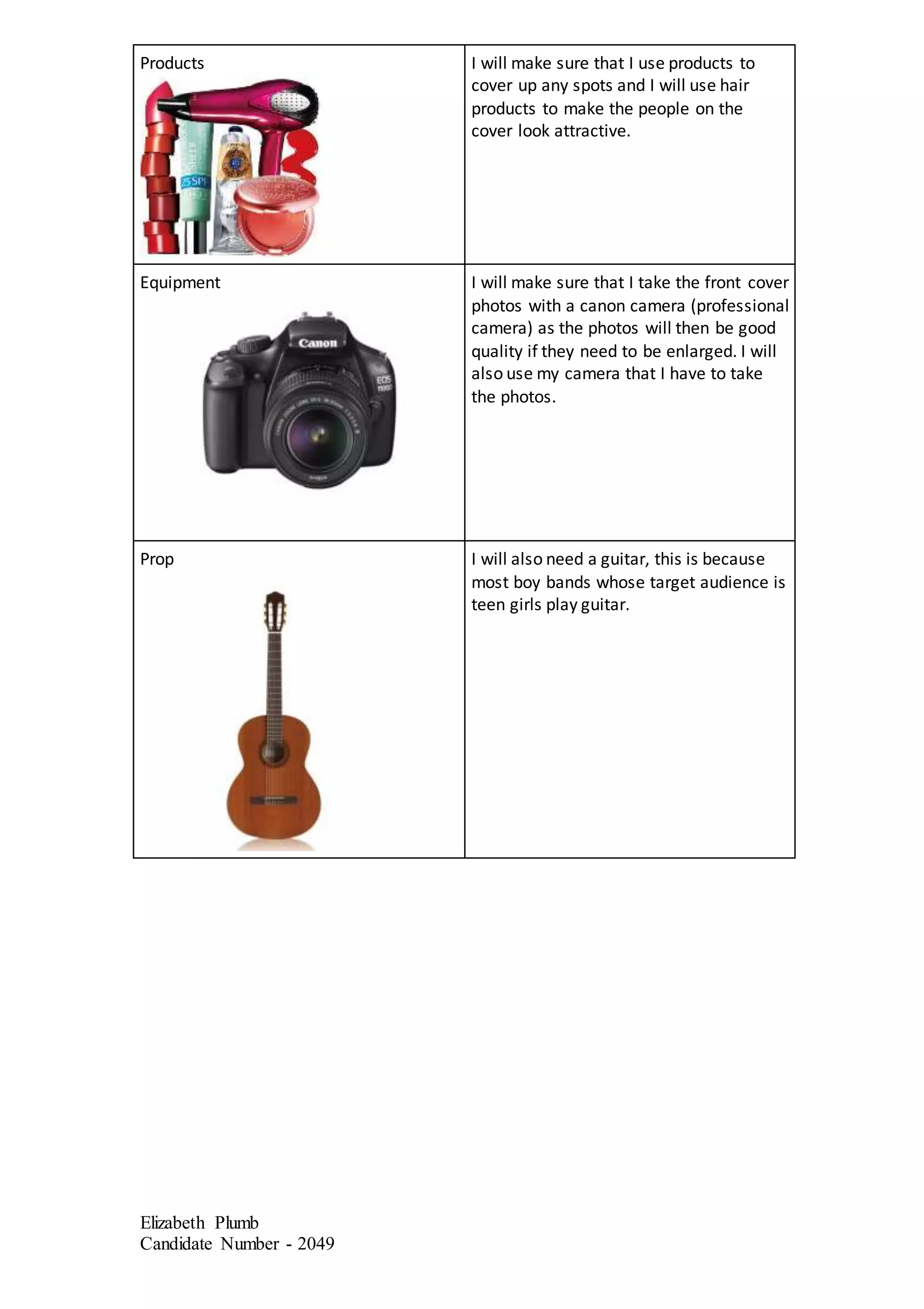 Products
I will make sure that I use products to
Elizabeth Plumb
Candidate Number - 2049
cover up any spots and I will use hair
products to make the people on the
cover look attractive.
Equipment
I will make sure that I take the front cover
photos with a canon camera (professional
camera) as the photos will then be good
quality if they need to be enlarged. I will
also use my camera that I have to take
the photos.
Prop I will also need a guitar, this is because
most boy bands whose target audience is
teen girls play guitar.