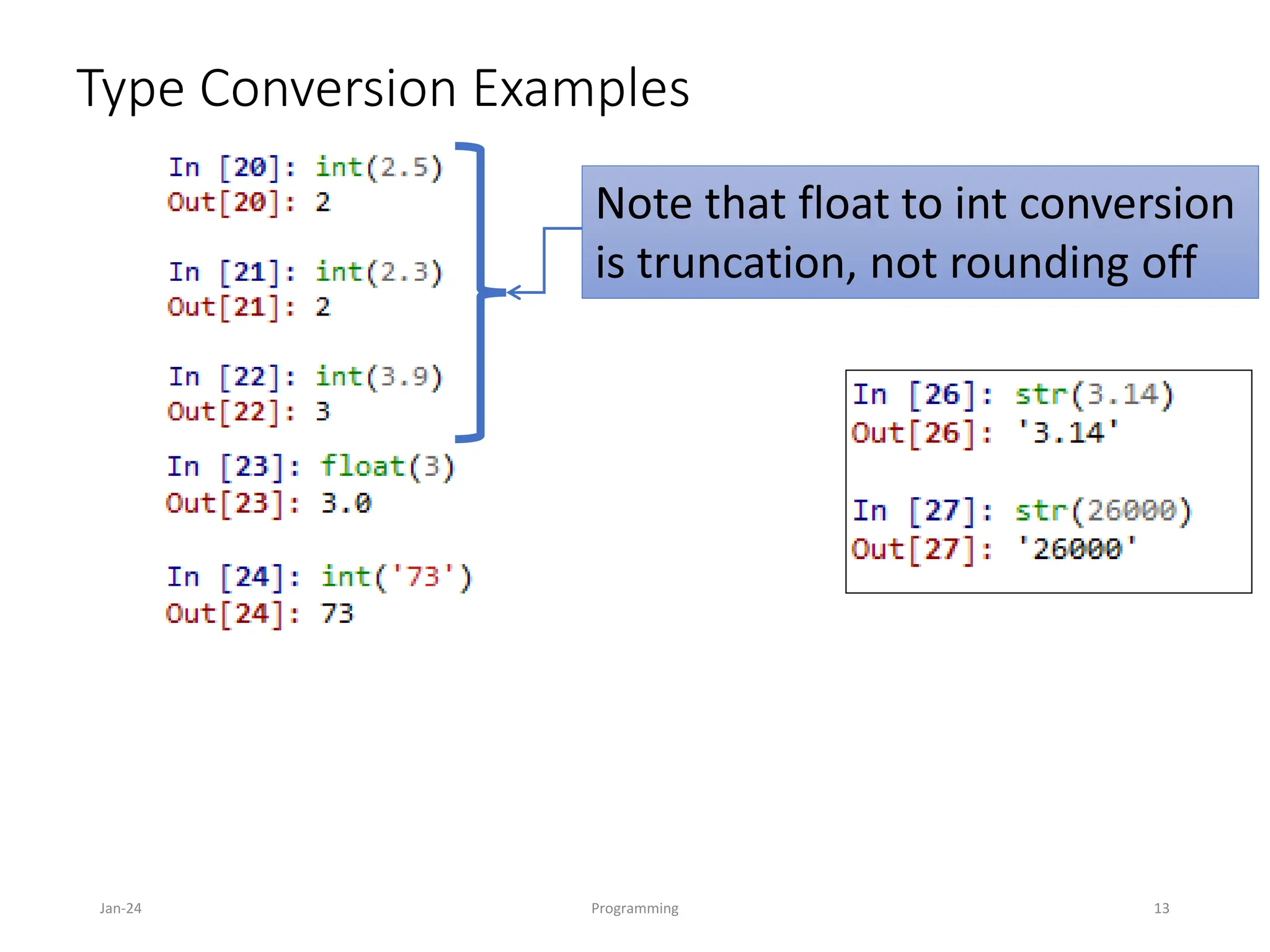 Type Conversion Examples
Jan-24 Programming 13
Note that float to int conversion
is truncation, not rounding off
 