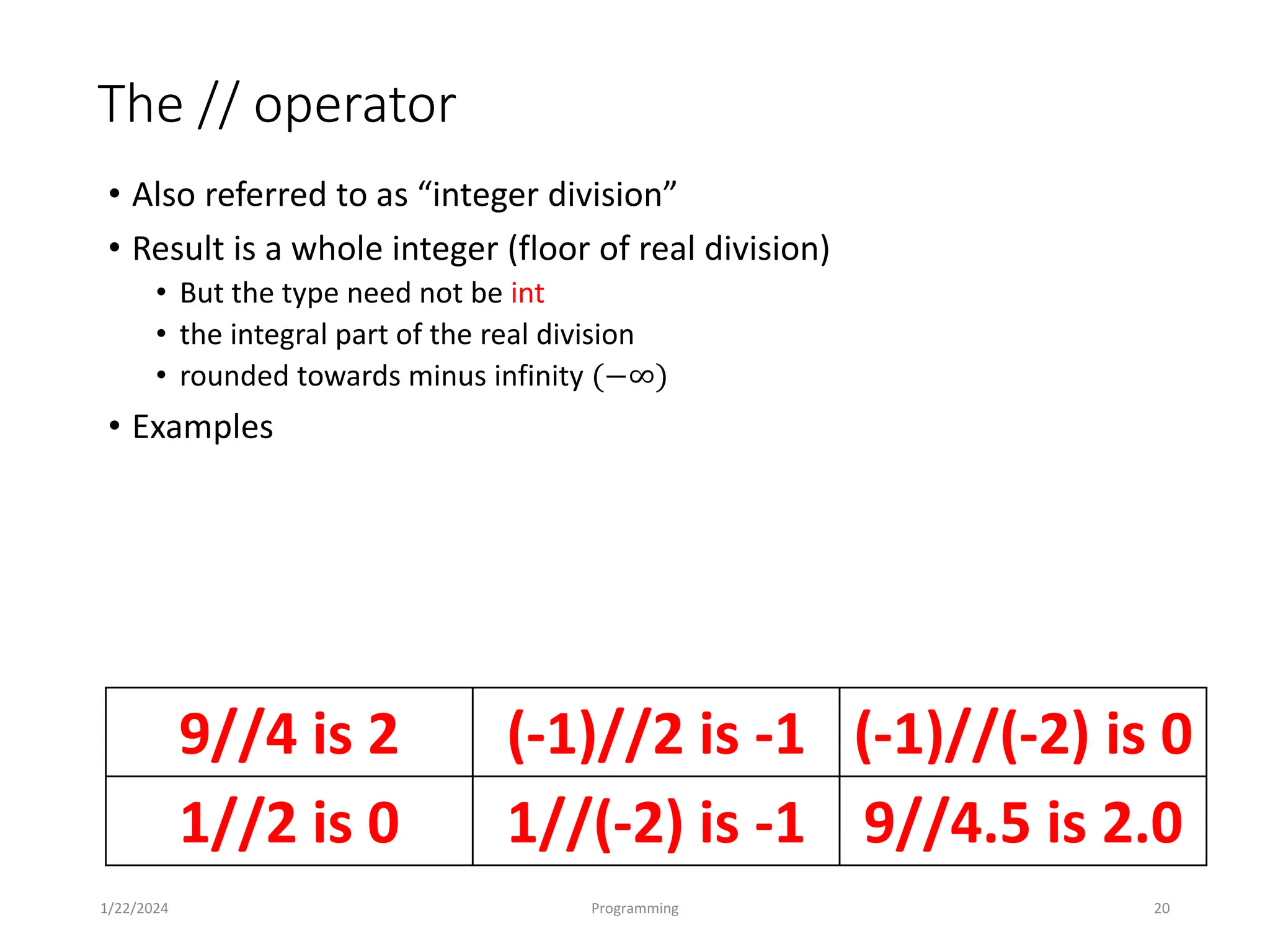 The // operator
• Also referred to as “integer division”
• Result is a whole integer (floor of real division)
• But the type need not be int
• the integral part of the real division
• rounded towards minus infinity (−∞)
• Examples
1/22/2024 Programming 20
9//4 is 2 (-1)//2 is -1 (-1)//(-2) is 0
1//2 is 0 1//(-2) is -1 9//4.5 is 2.0
 