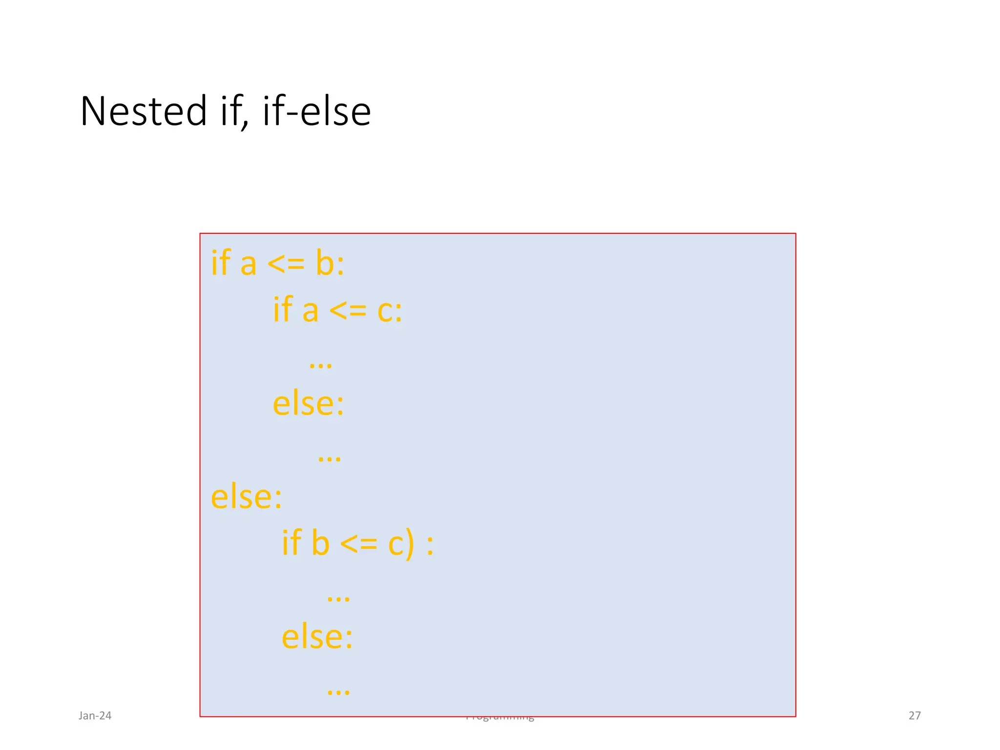 Nested if, if-else
Jan-24 Programming 27
if a <= b:
if a <= c:
…
else:
…
else:
if b <= c) :
…
else:
…
 