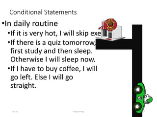 Conditional Statements
•In daily routine
•If it is very hot, I will skip exercise.
•If there is a quiz tomorrow, I will
first study and then sleep.
Otherwise I will sleep now.
•If I have to buy coffee, I will
go left. Else I will go
straight.
Jan-24 Programming 22
 