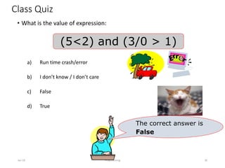 Class Quiz
• What is the value of expression:
a) Run time crash/error
b) I don’t know / I don’t care
c) False
d) True
Jan-24 Programming 30
(5<2) and (3/0 > 1)
The correct answer is
False
 