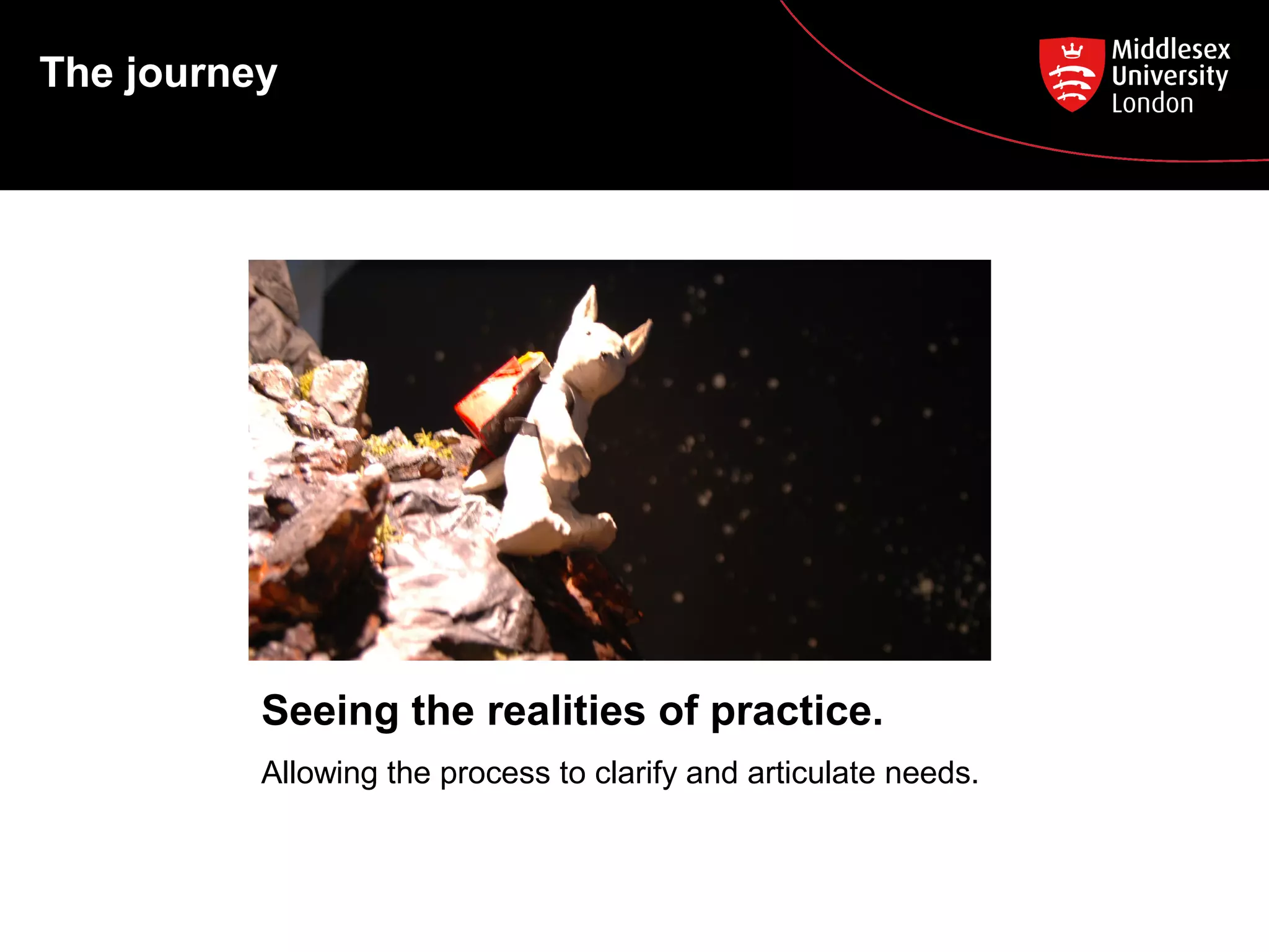 The journey
Seeing the realities of practice.
Allowing the process to clarify and articulate needs.
 