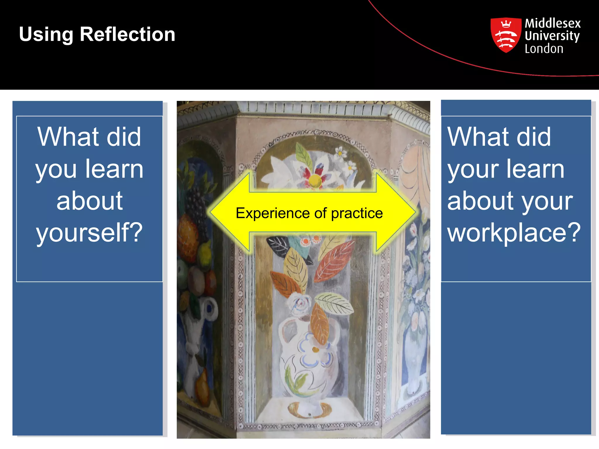 Using Reflection
What did
you learn
about
yourself?
What did
your learn
about your
workplace?
Experience of practice
 