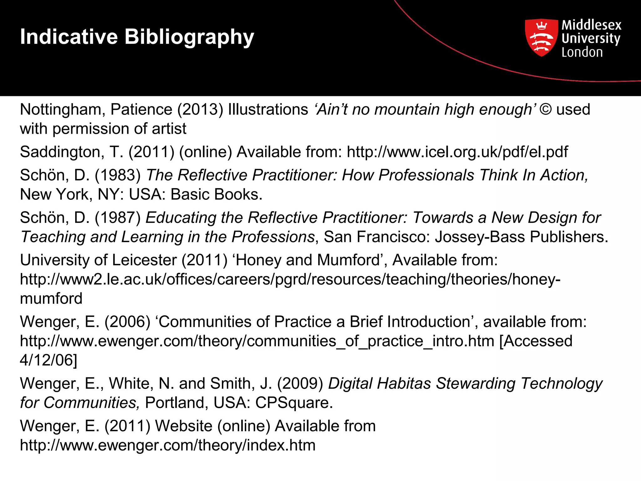 Indicative Bibliography
Nottingham, Patience (2013) Illustrations ‘Ain’t no mountain high enough’ © used
with permission of artist
Saddington, T. (2011) (online) Available from: http://www.icel.org.uk/pdf/el.pdf
Schön, D. (1983) The Reflective Practitioner: How Professionals Think In Action,
New York, NY: USA: Basic Books.
Schön, D. (1987) Educating the Reflective Practitioner: Towards a New Design for
Teaching and Learning in the Professions, San Francisco: Jossey-Bass Publishers.
University of Leicester (2011) ‘Honey and Mumford’, Available from:
http://www2.le.ac.uk/offices/careers/pgrd/resources/teaching/theories/honey-
mumford
Wenger, E. (2006) ‘Communities of Practice a Brief Introduction’, available from:
http://www.ewenger.com/theory/communities_of_practice_intro.htm [Accessed
4/12/06]
Wenger, E., White, N. and Smith, J. (2009) Digital Habitas Stewarding Technology
for Communities, Portland, USA: CPSquare.
Wenger, E. (2011) Website (online) Available from
http://www.ewenger.com/theory/index.htm
 