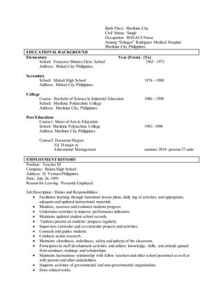 Resume Examples Pinoy Applicant Resume Sample Filipino