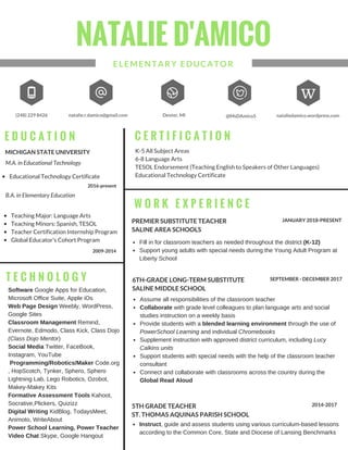 NATALIE D'AMICO
ELEMENTARY EDUCATOR
(248) 229 8426 natalie.r.damico@gmail.com Dexter, MI @MsDAmico5
C E R T I F I C A T I O N
K-5 All Subject Areas
6-8 Language Arts
TESOL Endorsement (Teaching English to Speakers of Other Languages)
Educational Technology Certificate
W O R K E X P E R I E N C E
5TH GRADE TEACHER
ST. THOMAS AQUINAS PARISH SCHOOL
2014-2017
E D U C A T I O N
MICHIGAN STATE UNIVERSITY
M.A. in Educational Technology
B.A. in Elementary Education
T E C H N O L O G Y  
Teaching Major: Language Arts 
Teaching Minors: Spanish, TESOL
Teacher Certification Internship Program
Global Educator's Cohort Program
Educational Technology Certificate
2009-2014
2016-present
nataliedamico.wordpress.com
Software Google Apps for Education,
Microsoft Office Suite, Apple iOs
Web Page Design Weebly, WordPress,
Google Sites
Classroom Management Remind,
Evernote, Edmodo, Class Kick, Class Dojo
(Class Dojo Mentor)
Social Media Twitter, FaceBook,
Instagram, YouTube
Programming/Robotics/Maker Code.org
, HopScotch, Tynker, Sphero, Sphero
Lightning Lab, Lego Robotics, Ozobot,
Makey-Makey Kits
Formative Assessment Tools Kahoot,
Socrative,Plickers, Quizizz
Digital Writing KidBlog, TodaysMeet,
Animoto, WriteAbout
Power School Learning, Power Teacher
Video Chat Skype, Google Hangout
Instruct, guide and assess students using various curriculum-based lessons
according to the Common Core, State and Diocese of Lansing Benchmarks
w
6TH-GRADE LONG-TERM SUBSTITUTE
SALINE MIDDLE SCHOOL
SEPTEMBER - DECEMBER 2017
PREMIER SUBSTITUTE TEACHER
SALINE AREA SCHOOLS
JANUARY 2018-PRESENT
Assume all responsibilities of the classroom teacher
Collaborate with grade level colleagues to plan language arts and social
studies instruction on a weekly basis
Provide students with a blended learning environment through the use of
PowerSchool Learning and individual Chromebooks
Supplement instruction with approved district curriculum, including Lucy
Calkins units
Support students with special needs with the help of the classroom teacher
consultant
Connect and collaborate with classrooms across the country during the
Global Read Aloud
Fill in for classroom teachers as needed throughout the district (K-12)
Support young adults with special needs during the Young Adult Program at
Liberty School
 