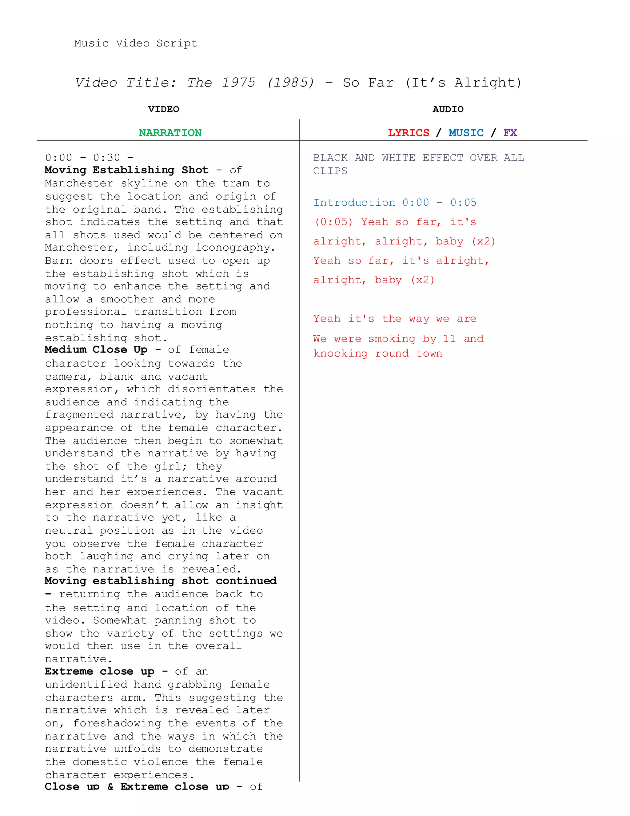 Music Video Script
Video Title: The 1975 (1985) – So Far (It’s Alright)
VIDEO AUDIO
NARRATION LYRICS / MUSIC / FX
0:00 – 0:30 –
Moving Establishing Shot - of
Manchester skyline on the tram to
suggest the location and origin of
the original band. The establishing
shot indicates the setting and that
all shots used would be centered on
Manchester, including iconography.
Barn doors effect used to open up
the establishing shot which is
moving to enhance the setting and
allow a smoother and more
professional transition from
nothing to having a moving
establishing shot.
Medium Close Up - of female
character looking towards the
camera, blank and vacant
expression, which disorientates the
audience and indicating the
fragmented narrative, by having the
appearance of the female character.
The audience then begin to somewhat
understand the narrative by having
the shot of the girl; they
understand it’s a narrative around
her and her experiences. The vacant
expression doesn’t allow an insight
to the narrative yet, like a
neutral position as in the video
you observe the female character
both laughing and crying later on
as the narrative is revealed.
Moving establishing shot continued
– returning the audience back to
the setting and location of the
video. Somewhat panning shot to
show the variety of the settings we
would then use in the overall
narrative.
Extreme close up - of an
unidentified hand grabbing female
characters arm. This suggesting the
narrative which is revealed later
on, foreshadowing the events of the
narrative and the ways in which the
narrative unfolds to demonstrate
the domestic violence the female
character experiences.
Close up & Extreme close up - of
female character crying, showing
the in depth pain of the character
BLACK AND WHITE EFFECT OVER ALL
CLIPS
Introduction 0:00 – 0:05
(0:05) Yeah so far, it's
alright, alright, baby (x2)
Yeah so far, it's alright,
alright, baby (x2)
Yeah it's the way we are
We were smoking by 11 and
knocking round town
 