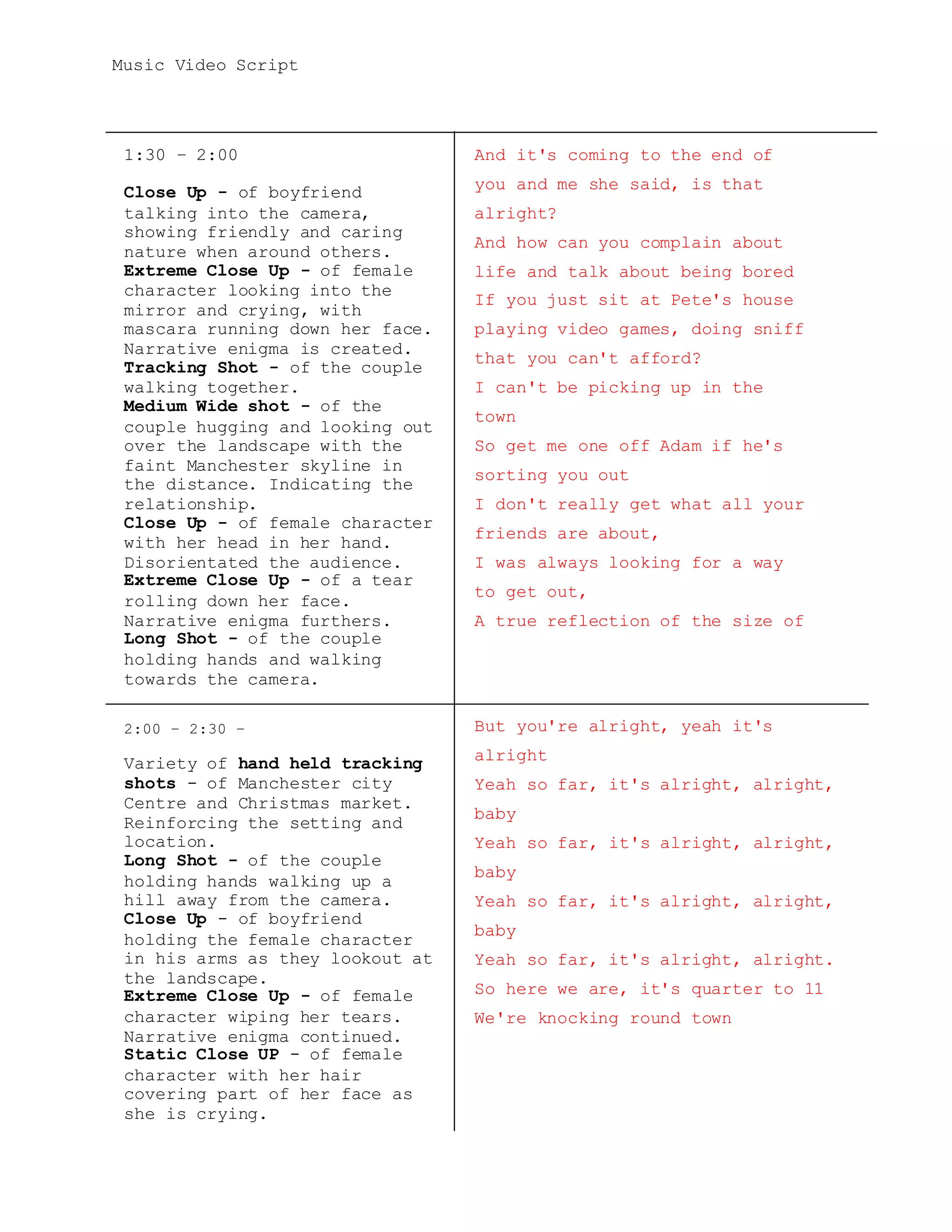 Music Video Script
1:30 – 2:00
Close Up - of boyfriend
talking into the camera,
showing friendly and caring
nature when around others.
Extreme Close Up - of female
character looking into the
mirror and crying, with
mascara running down her face.
Narrative enigma is created.
Tracking Shot - of the couple
walking together.
Medium Wide shot - of the
couple hugging and looking out
over the landscape with the
faint Manchester skyline in
the distance. Indicating the
relationship.
Close Up - of female character
with her head in her hand.
Disorientated the audience.
Extreme Close Up - of a tear
rolling down her face.
Narrative enigma furthers.
Long Shot - of the couple
holding hands and walking
towards the camera.
Over the shoulder shot – of
the couple walking together.
And it's coming to the end of
you and me she said, is that
alright?
And how can you complain about
life and talk about being bored
If you just sit at Pete's house
playing video games, doing sniff
that you can't afford?
I can't be picking up in the
town
So get me one off Adam if he's
sorting you out
I don't really get what all your
friends are about,
I was always looking for a way
to get out,
A true reflection of the size of
your house, a silver spoon and
zoot in your mouth
2:00 – 2:30 –
Variety of hand held tracking
shots - of Manchester city
Centre and Christmas market.
Reinforcing the setting and
location.
Long Shot - of the couple
holding hands walking up a
hill away from the camera.
Close Up - of boyfriend
holding the female character
in his arms as they lookout at
the landscape.
Extreme Close Up - of female
character wiping her tears.
Narrative enigma continued.
Static Close UP - of female
character with her hair
covering part of her face as
she is crying.
Long angled Close Up - of
boyfriend looking towards the
camera laughing.
But you're alright, yeah it's
alright
Yeah so far, it's alright, alright,
baby
Yeah so far, it's alright, alright,
baby
Yeah so far, it's alright, alright,
baby
Yeah so far, it's alright, alright.
So here we are, it's quarter to 11
We're knocking round town
Pushing in, in the bar
 
