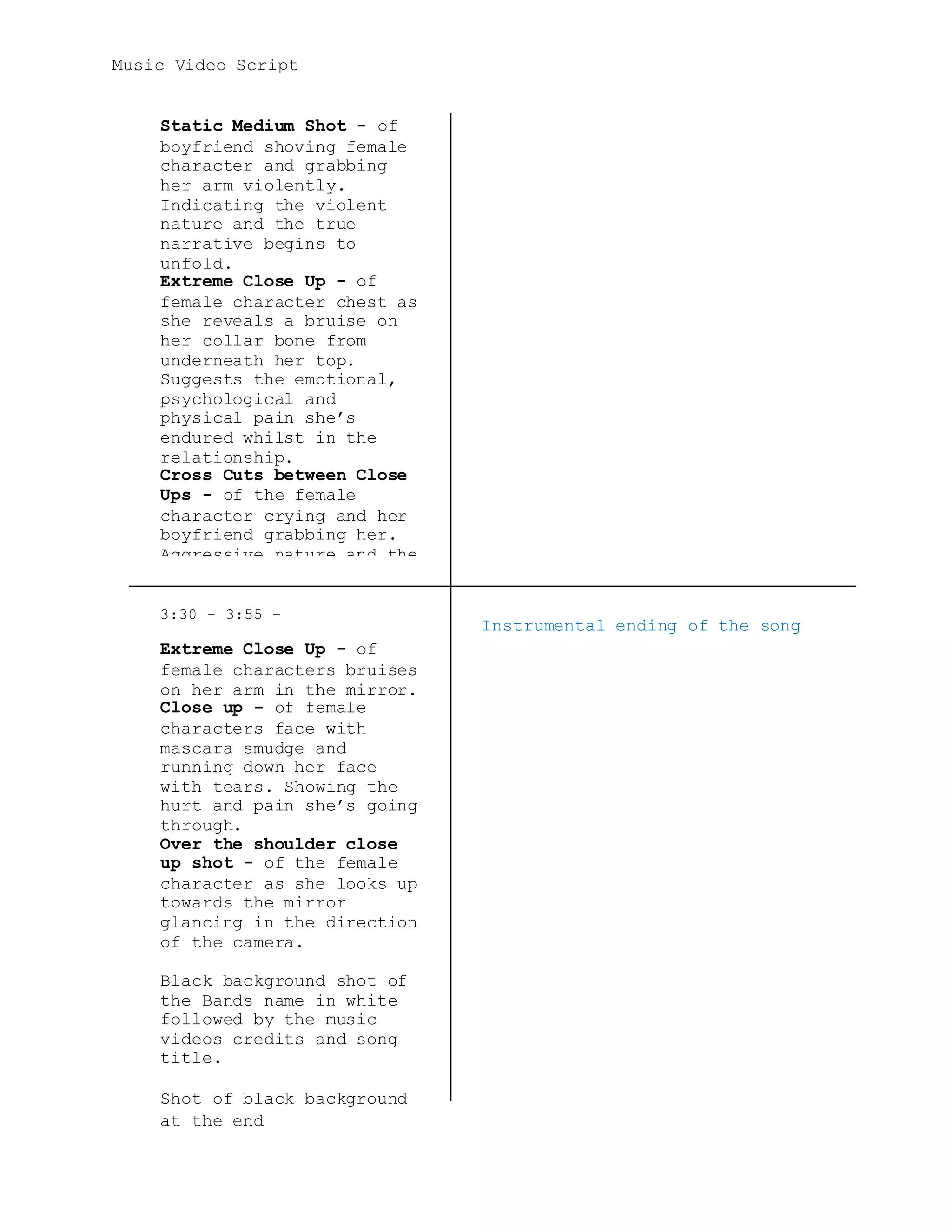 Music Video Script
Static Medium Shot - of
boyfriend shoving female
character and grabbing
her arm violently.
Indicating the violent
nature and the true
narrative begins to
unfold.
Extreme Close Up - of
female character chest as
she reveals a bruise on
her collar bone from
underneath her top.
Suggests the emotional,
psychological and
physical pain she’s
endured whilst in the
relationship.
Cross Cuts between Close
Ups - of the female
character crying and her
boyfriend grabbing her.
Aggressive nature and the
reason for her crying is
revealed.
Close up downward
tracking shot - of the
female character as she
reveals more bruises on
her arms.
3:30 – 3:55 –
Extreme Close Up - of
female characters bruises
on her arm in the mirror.
Close up - of female
characters face with
mascara smudge and
running down her face
with tears. Showing the
hurt and pain she’s going
through.
Over the shoulder close
up shot - of the female
character as she looks up
towards the mirror
glancing in the direction
of the camera.
Black background shot of
the Bands name in white
followed by the music
videos credits and song
title.
Shot of black background
at the end
Instrumental ending of the song
 