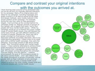 Compare and contrast your original intentions
with the outcomes you arrived at.I think that the total outcome of my production was
not too far-off from my originally planned intentions
for my campaign. Many of my original plans and
ideas for my campaign, including messages and
goals involved in it as well as actual format ideas
and design methods, were mostly realized in the
actual creation of the campaign. For example,
during the very first, early on idea generation
stages, I had summed up the concept behind my
campaign poster as “Regular pictures of groups of
four people, with a tagline that reads “one in four
people will have mental health issues.”. While my
campaign would go on to expand and cover a wider
range of mental health issues, they still followed the
same basic format, just with different statistics and
numbers of people. Despite this, there was still a
poster amongst my final pieces of which this
descriptor perfectly accurately describes. Also in my
initial planning generation, I listed a few of my initial
aims with a mental health campaign, they were the
following; “Encourage people to talk about mental
health.” and “Humanize people with mental health
issues.”. I have certainly attempted to achieve these
goals throughout the production of my campaign,
and I believe that I managed to achieve them as
well. The slogan running throughout the campaign,
“End the Stigma. End the Silence.”, I believe,
encompasses the goal of “Encouraging people to
talk about mental health.”, and I also believe that
the usage throughout of groups of everyday, normal
people, with no clear indication of who amongst
them did or did not have a mental health issue,
helped to achieve the other initially created goal and
humanize people with mental health issues.
 