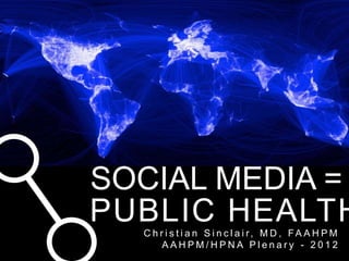 MEDIA
 SOCIAL MEDIA =
 PUBLIC HEALTH
   C h r i s t i a n S i n c l a i r, M D , FA A H P M
        AAHPM/HPNA Plenary - 2012
 