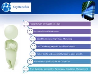 Key Benefits
Higher Return on Investment (ROI)
Increased Brand Awareness
Cost Effective and High Value Marketing
SEO marketing expands your brand’s reach
higher traffic and accessibility leads to sales growth.
Customer Acquisition/ Better Conversion
Trust Building / Competitive Advantage/ Reputation Management
 