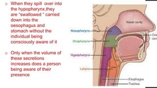 o When they spill over into
the hypopharynx,they
are “swallowed “ carried
down into the
oesophagus and
stomach without the
individual being
consciously aware of it
o Only when the volume of
these secretions
increases does a person
being aware of their
presence
 
