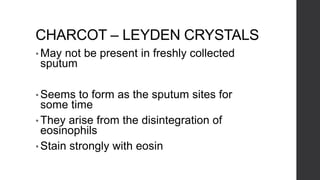 CHARCOT – LEYDEN CRYSTALS
• May not be present in freshly collected
sputum
• Seems to form as the sputum sites for
some time
• They arise from the disintegration of
eosinophils
• Stain strongly with eosin
 