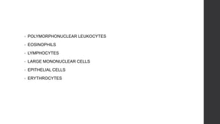 • POLYMORPHONUCLEAR LEUKOCYTES
• EOSINOPHILS
• LYMPHOCYTES
• LARGE MONONUCLEAR CELLS
• EPITHELIAL CELLS
• ERYTHROCYTES
 