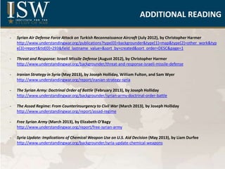 ADDITIONAL READING
- Syrian Air Defense Force Attack on Turkish Reconnaissance Aircraft (July 2012), by Christopher Harmer
http://www.understandingwar.org/publications?type[0]=backgrounder&type[1]=map&type[2]=other_work&typ
e[3]=report&tid[0]=293&field_lastname_value=&sort_by=created&sort_order=DESC&page=1
- Threat and Response: Israeli Missile Defense (August 2012), by Christopher Harmer
http://www.understandingwar.org/backgrounder/threat-and-response-israeli-missile-defense
- Iranian Strategy in Syria (May 2013), by Joseph Holliday, William Fulton, and Sam Wyer
http://www.understandingwar.org/report/iranian-strategy-syria
- The Syrian Army: Doctrinal Order of Battle (February 2013), by Joseph Holliday
http://www.understandingwar.org/backgrounder/syrian-army-doctrinal-order-battle
- The Assad Regime: From Counterinsurgency to Civil War (March 2013), by Joseph Holliday
http://www.understandingwar.org/report/assad-regime
- Free Syrian Army (March 2013), by Elizabeth O’Bagy
http://www.understandingwar.org/report/free-syrian-army
- Syria Update: Implications of Chemical Weapon Use on U.S. Aid Decision (May 2013), by Liam Durfee
http://www.understandingwar.org/backgrounder/syria-update-chemical-weapons
 