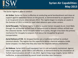 Syrian Air Capabilities:
May 2013
The Syrian regime is able to conduct:
- Air Strikes. Syrian Air Force is effective at conducting aerial bombardment and close air
support against opposition forces on the ground, as demonstrated by an apparent rise
in air-to-ground attacks since January 2013. The regime began to employ air assets in
the Summer of 2012 in order to repel rebel advance upon urban centers.
- Aerial Resupply. The Syrian regime is able to receive Iranian resupply by air, most likely
through the ad-Dumayr airfield East of Damascus and to Mazzeh military airfield near
the Lebanese border. Aerial resupply within Syria varies, though it has been the primary
mechanism for resupply to outposts that cannot be resupplied by ground
transportation.
- Aerial Delivery of CW. Air-dropped bombs are a traditional method to conduct
chemical attacks. The regime has the capacity to deliver chemical weapons inside
Syrian airspace. It is likely that they also have the requisite delivery mechanism.
- Air Defense. Syrian IADS is well-equipped, but it is old and poorly maintained. Against
close-range targets, Syrian IADS is still effective, as demonstrated by the shootdown of
Turkish reconnaissance aircraft in July 2012. Against long-range targets, Syrian IADS is
ineffective, as demonstrated by recent Israeli airstrikes near Damascus.
 