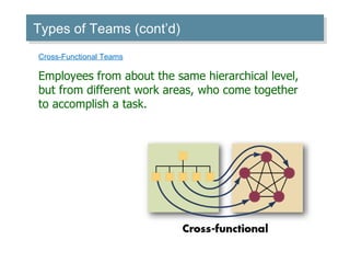 Types of Teams (cont’d) Cross-Functional Teams Employees from about the same hierarchical level, but from different work areas, who come together to accomplish a task. 