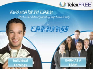 TWO WAYS TO EARN

Work on the Internet publishing advertisements daily

EARNINGS

Individual
Earnings

EARN AS A
TEAM

 