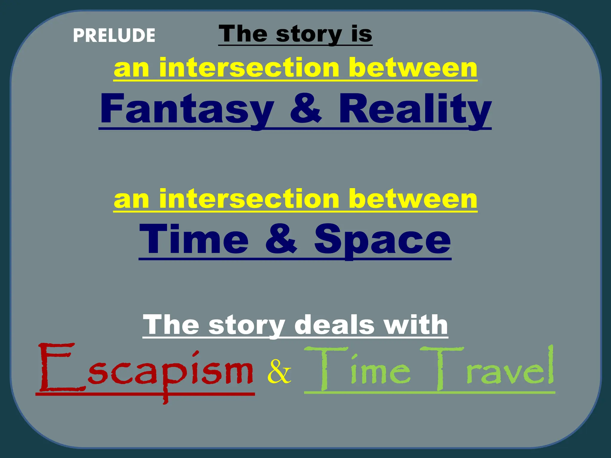 The story is
an intersection between
Fantasy & Reality
an intersection between
Time & Space
The story deals with
Escapism & Time Travel
PRELUDE
 