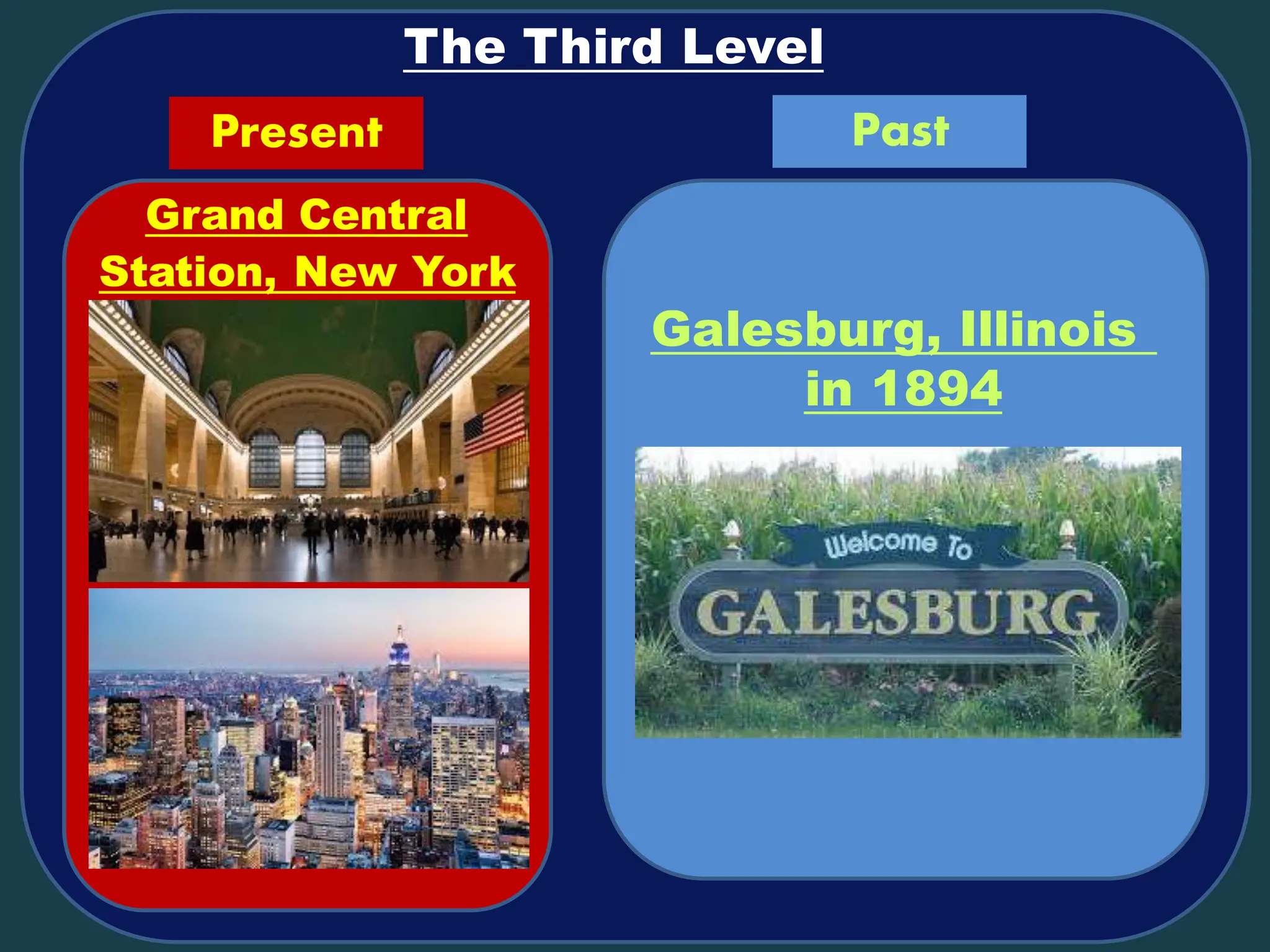 The Third Level
Galesburg, Illinois
in 1894
Grand Central
Station, New York
Present Past
 