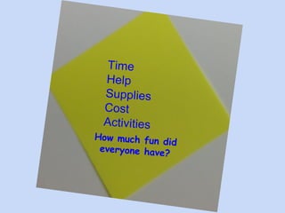 Time
Help
Supplies
Cost
Activities
How much fun
did everyone
have?

 