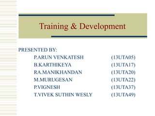 Training & Development
PRESENTED BY:
P.ARUN VENKATESH (13UTA05)
B.KARTHIKEYA (13UTA17)
RA.MANIKHANDAN (13UTA20)
M.MURUGESAN (13UTA22)
P.VIGNESH (13UTA37)
T.VIVEK SUTHIN WESLY (13UTA49)
 