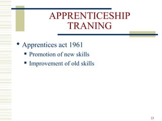 APPRENTICESHIP
TRANING
 Apprentices act 1961
 Promotion of new skills
 Improvement of old skills
23
 