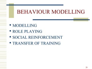 BEHAVIOUR MODELLING
 MODELLING
 ROLE PLAYING
 SOCIAL REINFORCEMENT
 TRANSFER OF TRAINING
28
 