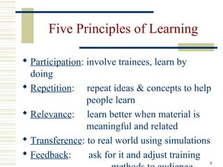 8
Five Principles of Learning
 Participation: involve trainees, learn by
doing
 Repetition: repeat ideas & concepts to help
people learn
 Relevance: learn better when material is
meaningful and related
 Transference: to real world using simulations
 Feedback: ask for it and adjust training
 