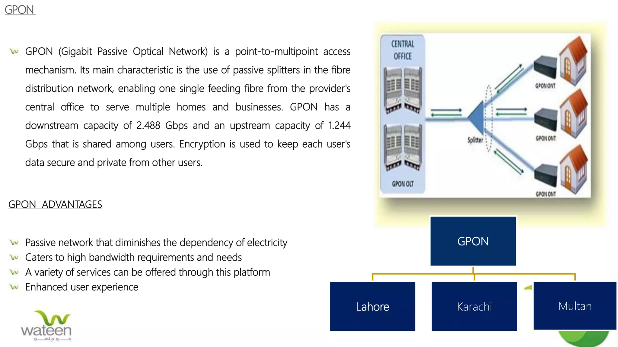 GPON
GPON (Gigabit Passive Optical Network) is a point-to-multipoint access
mechanism. Its main characteristic is the use of passive splitters in the fibre
distribution network, enabling one single feeding fibre from the provider's
central office to serve multiple homes and businesses. GPON has a
downstream capacity of 2.488 Gbps and an upstream capacity of 1.244
Gbps that is shared among users. Encryption is used to keep each user's
data secure and private from other users.
GPON ADVANTAGES
Passive network that diminishes the dependency of electricity
Caters to high bandwidth requirements and needs
A variety of services can be offered through this platform
Enhanced user experience
GPON
Lahore Karachi Multan
 