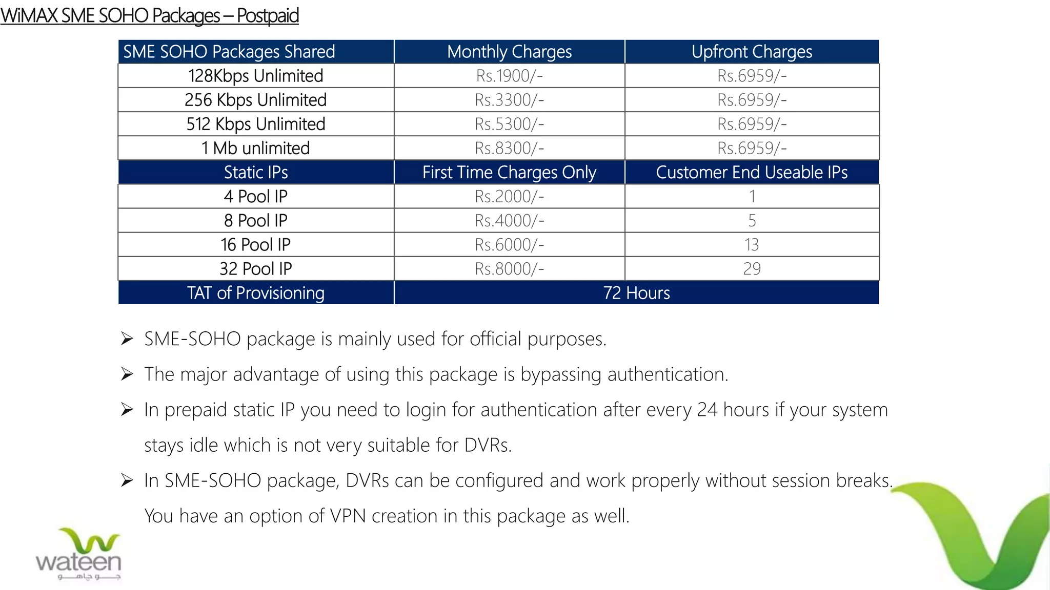 WiMAXSME SOHO Packages – Postpaid
SME SOHO Packages Shared Monthly Charges Upfront Charges
128Kbps Unlimited Rs.1900/- Rs.6959/-
256 Kbps Unlimited Rs.3300/- Rs.6959/-
512 Kbps Unlimited Rs.5300/- Rs.6959/-
1 Mb unlimited Rs.8300/- Rs.6959/-
Static IPs First Time Charges Only Customer End Useable IPs
4 Pool IP Rs.2000/- 1
8 Pool IP Rs.4000/- 5
16 Pool IP Rs.6000/- 13
32 Pool IP Rs.8000/- 29
TAT of Provisioning 72 Hours
 SME-SOHO package is mainly used for official purposes.
 The major advantage of using this package is bypassing authentication.
 In prepaid static IP you need to login for authentication after every 24 hours if your system
stays idle which is not very suitable for DVRs.
 In SME-SOHO package, DVRs can be configured and work properly without session breaks.
You have an option of VPN creation in this package as well.
 