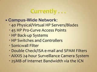  Campus-Wide      Network:
  40 Physical/Virtual HP Servers/Blades
  45 HP Pro-Curve Access Points
  HP Back-up Systems
  HP Switches and Controllers
  Sonicwall Filter
  Double Check/ISA e-mail and SPAM Filters
  AXXIS 24-hour Surveillance Camera System
  25MB of Internet Bandwidth via the ICN
 