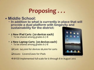    Middle School:
     In addition to what is currently in place that will
      provide a dual platform with longevity and
      sustainability for the district:

     2 New iPad Carts (20 devices each)
       To be shared among grades 6-7-8

     2 New Laptop Carts (20 devices each)
       To be shared among grades 6-7-8
      Cost: $42,000 for devices $6,000 for carts
      Issues: Covers/Cases for iPads
      BYOD implemented full-scale for 6 through 8 in August 2012
 