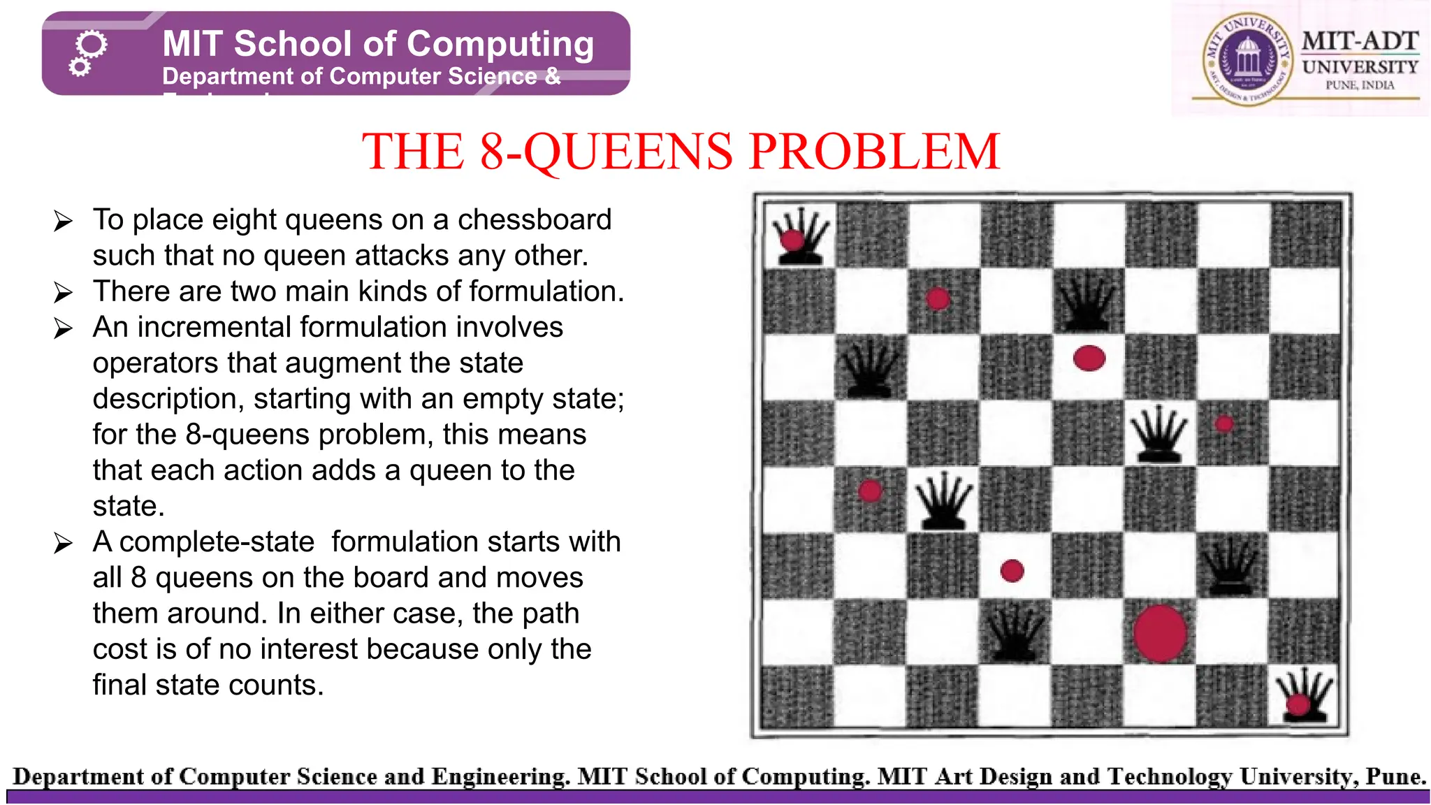 THE 8-QUEENS PROBLEM
MIT School of Computing
Department of Computer Science &
Engineering
⮚ To place eight queens on a chessboard
such that no queen attacks any other.
⮚ There are two main kinds of formulation.
⮚ An incremental formulation involves
operators that augment the state
description, starting with an empty state;
for the 8-queens problem, this means
that each action adds a queen to the
state.
⮚ A complete-state formulation starts with
all 8 queens on the board and moves
them around. In either case, the path
cost is of no interest because only the
final state counts.
 
