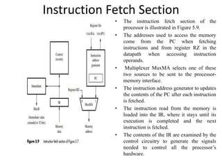 Instruction Fetch Section
• The instruction fetch section of the
processor is illustrated in Figure 5.9.
• The addresses used to access the memory
come from the PC when fetching
instructions and from register RZ in the
datapath when accessing instruction
operands.
• Multiplexer MuxMA selects one of these
two sources to be sent to the processor-
memory interface.
• The instruction address generator to updates
the contents of the PC after each instruction
is fetched.
• The instruction read from the memory is
loaded into the IR, where it stays until its
execution is completed and the next
instruction is fetched.
• The contents of the IR are examined by the
control circuitry to generate the signals
needed to control all the processor’s
hardware.
 