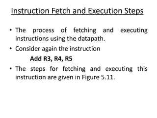 Instruction Fetch and Execution Steps
• The process of fetching and executing
instructions using the datapath.
• Consider again the instruction
Add R3, R4, R5
• The steps for fetching and executing this
instruction are given in Figure 5.11.
 