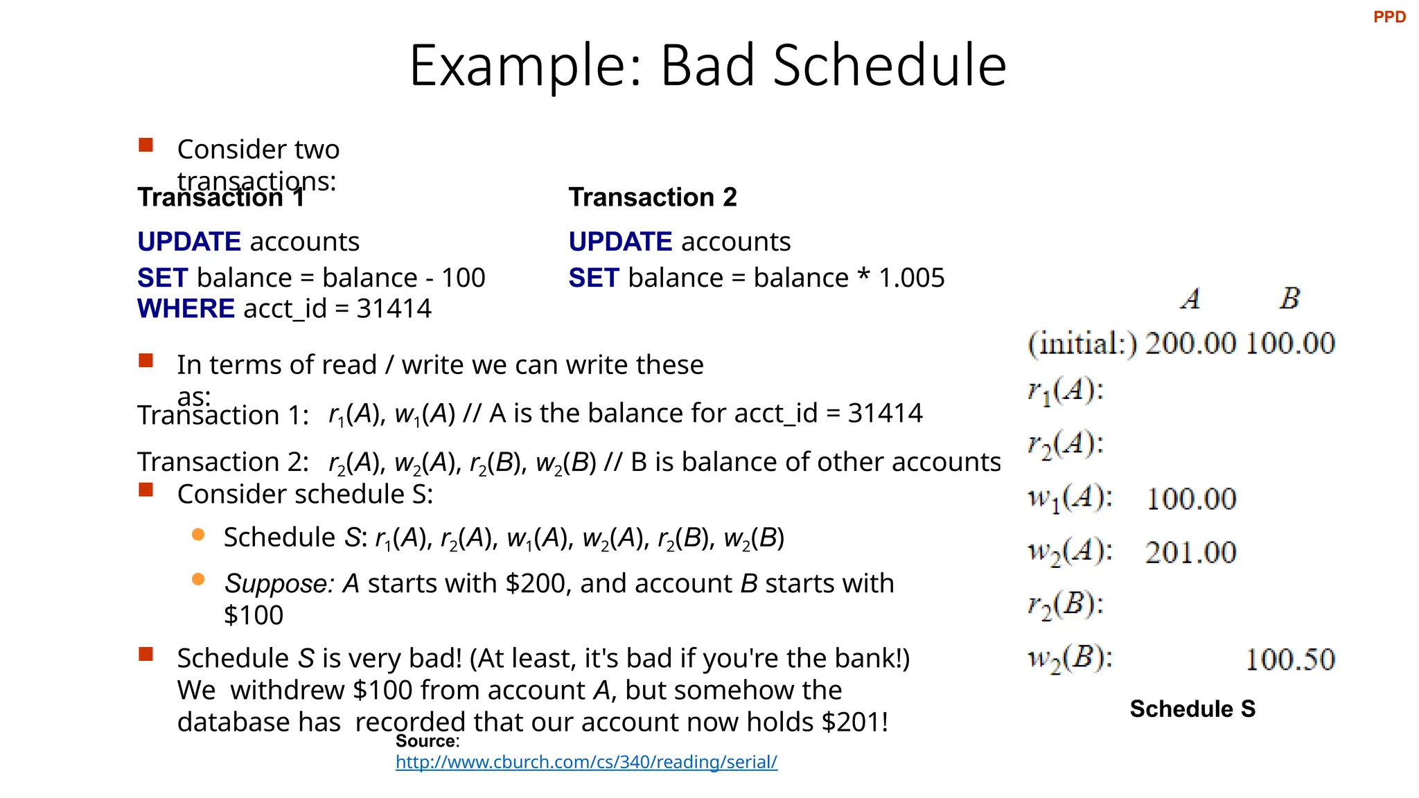 Example: Bad Schedule
 Consider two
transactions:
 In terms of read / write we can write these
as:
 Consider schedule S:
 Schedule S: r1(A), r2(A), w1(A), w2(A), r2(B), w2(B)
 Suppose: A starts with $200, and account B starts with
$100
 Schedule S is very bad! (At least, it's bad if you're the bank!)
We withdrew $100 from account A, but somehow the
database has recorded that our account now holds $201!
Transaction 1 Transaction 2
UPDATE accounts
SET balance = balance - 100
WHERE acct_id = 31414
UPDATE accounts
SET balance = balance * 1.005
Transaction 1: r1(A), w1(A) // A is the balance for acct_id = 31414
Transaction 2: r2(A), w2(A), r2(B), w2(B) // B is balance of other accounts
Schedule S
Source:
http://www.cburch.com/cs/340/reading/serial/
PPD
 