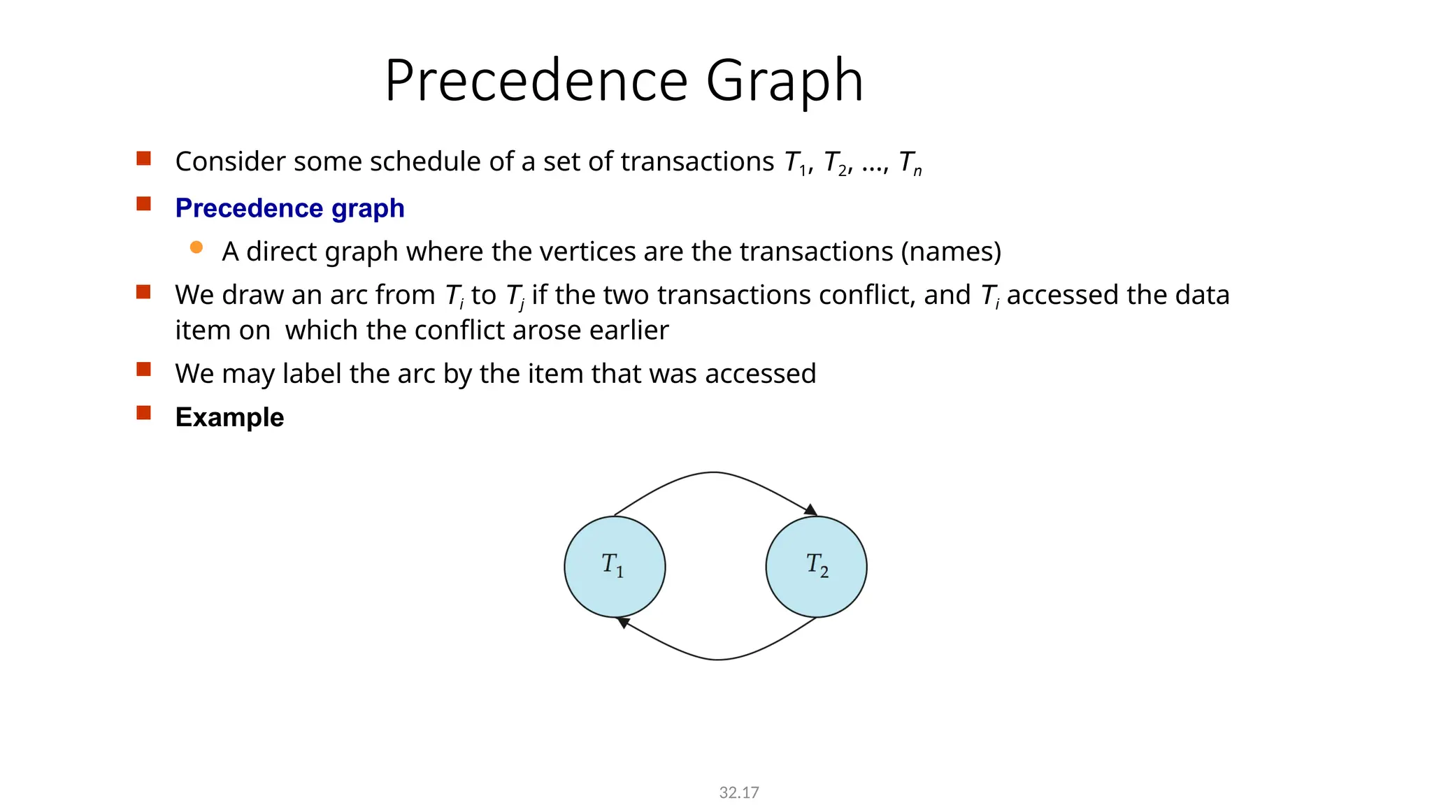 Precedence Graph
 Consider some schedule of a set of transactions T1, T2, ..., Tn
 Precedence graph
 A direct graph where the vertices are the transactions (names)
 We draw an arc from Ti to Tj if the two transactions conflict, and Ti accessed the data
item on which the conflict arose earlier
 We may label the arc by the item that was accessed
 Example
32.17
 