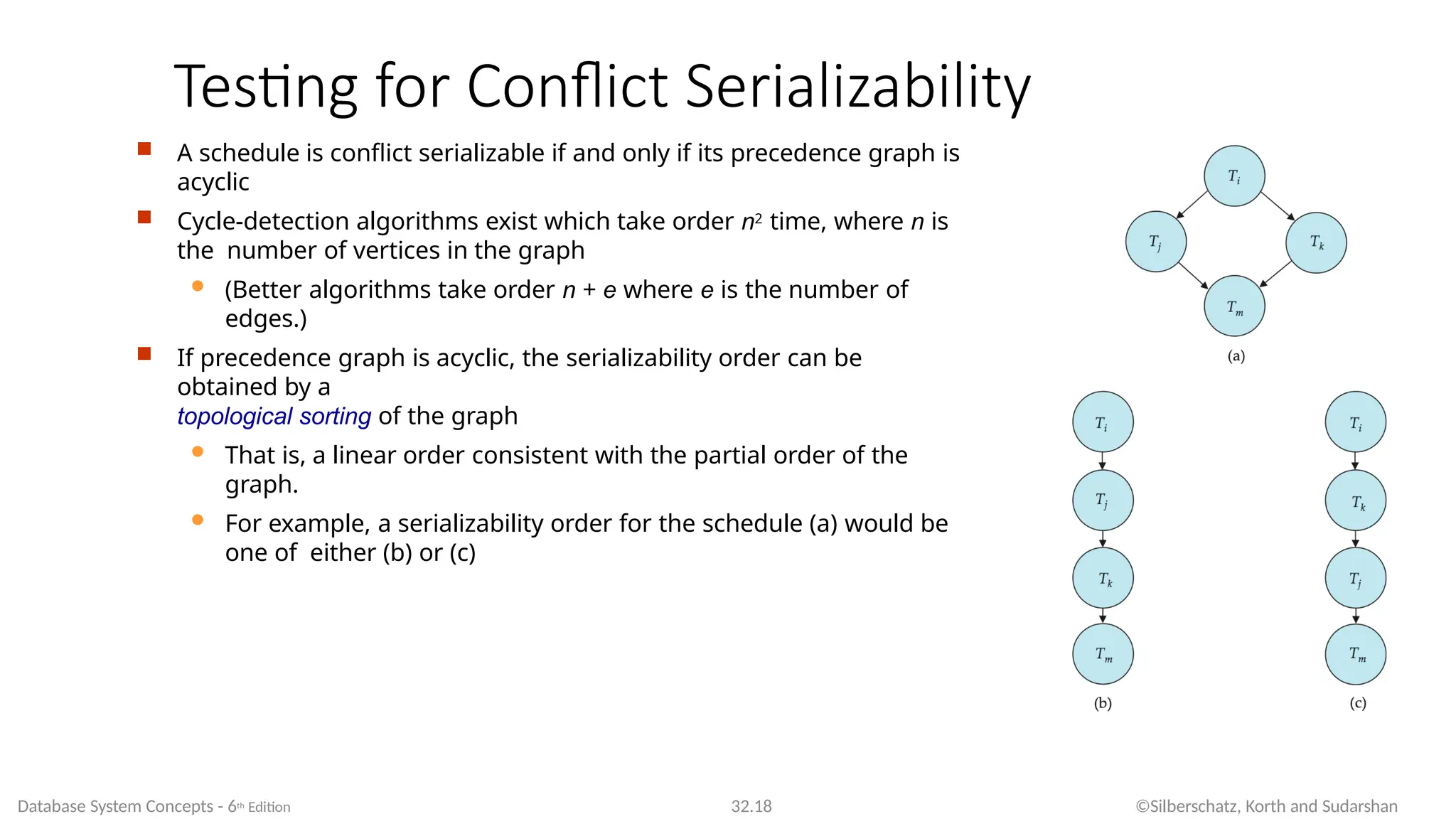 Testing for Conflict Serializability
 A schedule is conflict serializable if and only if its precedence graph is
acyclic
 Cycle-detection algorithms exist which take order n2 time, where n is
the number of vertices in the graph
 (Better algorithms take order n + e where e is the number of
edges.)
 If precedence graph is acyclic, the serializability order can be
obtained by a
topological sorting of the graph
 That is, a linear order consistent with the partial order of the
graph.
 For example, a serializability order for the schedule (a) would be
one of either (b) or (c)
Database System Concepts - 6th Edition 32.18 ©Silberschatz, Korth and Sudarshan
 