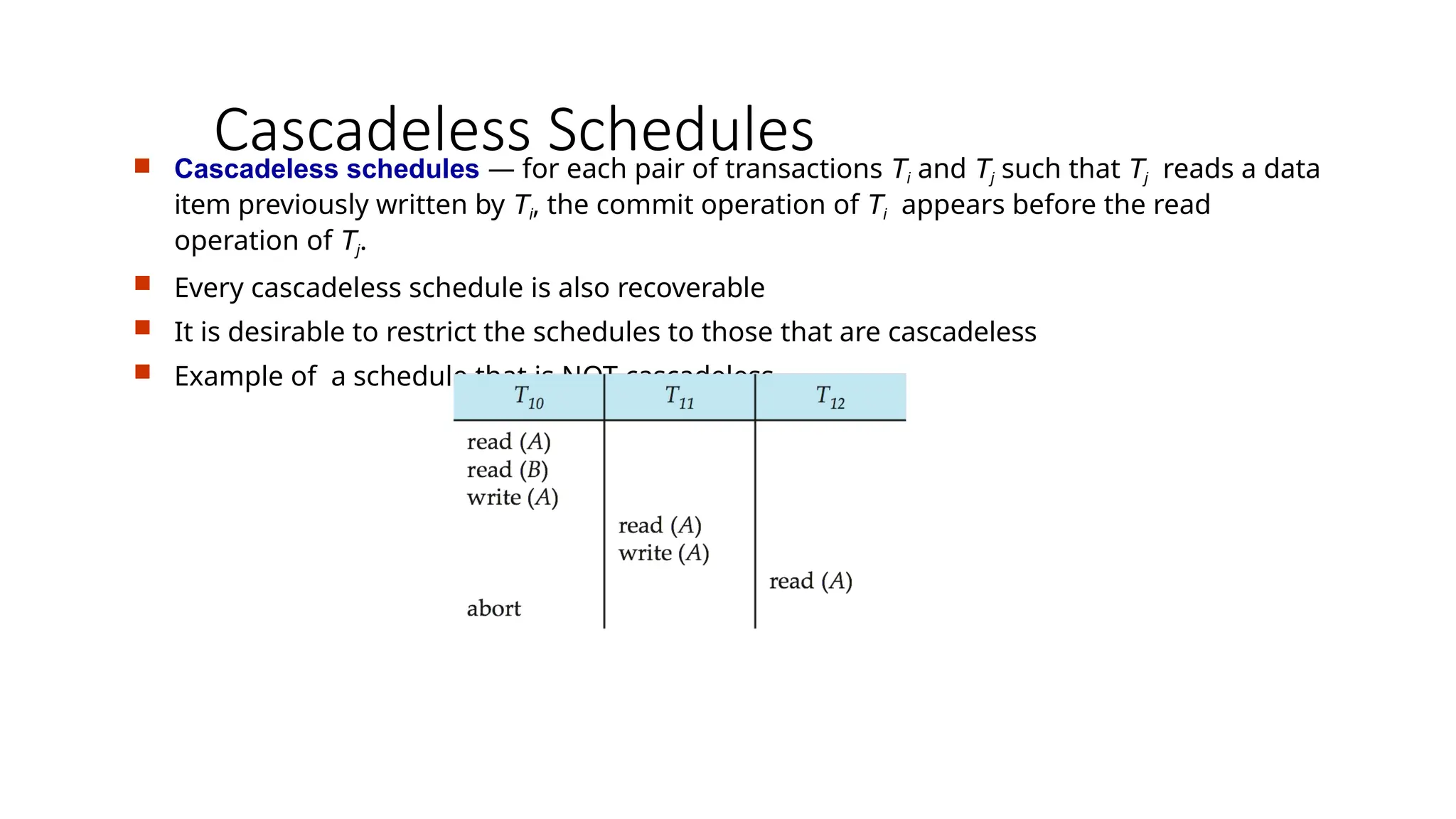 Cascadeless Schedules
 Cascadeless schedules — for each pair of transactions Ti and Tj such that Tj reads a data
item previously written by Ti, the commit operation of Ti appears before the read
operation of Tj.
 Every cascadeless schedule is also recoverable
 It is desirable to restrict the schedules to those that are cascadeless
 Example of a schedule that is NOT cascadeless
 
